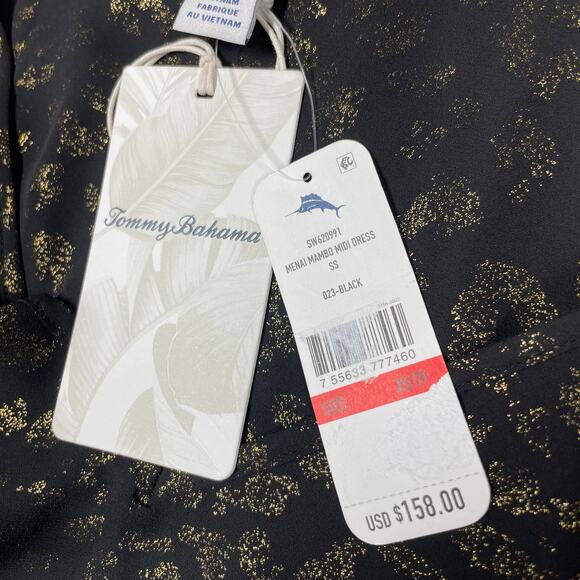 Tommy Bahama NWT Menai Mambo Midi Dress Size XS Black Gold Ruffle Sleeve No Sash - Picture 7 of 13